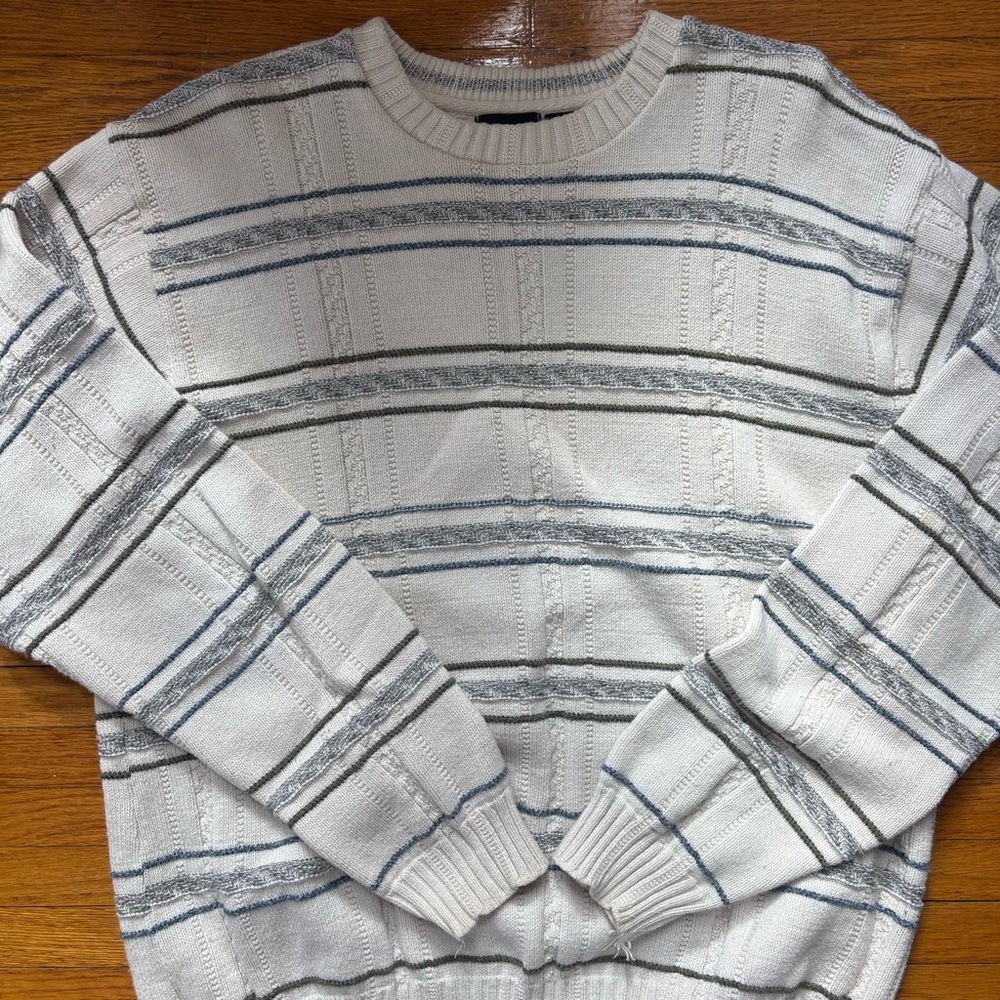 Men's Cream Crewneck Knit Sweater with Blue & Gray Stripes